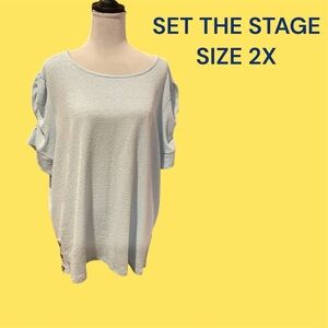 SET THE STAGE POWDER BLUE PULLOVER BLOUSE SIZE 2X GENTLY WORN